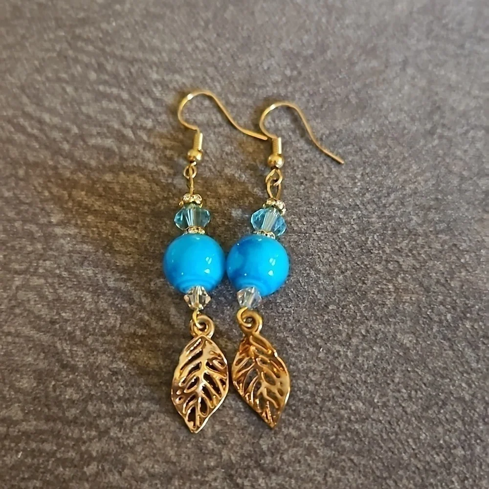 3/$30 HANDMADE Glass Swarovski Beaded Leaf Dangle Earrings